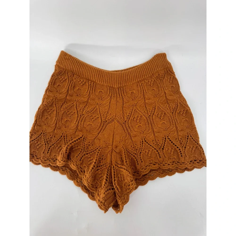 Sezane Knit Shorts Women S Rust Orange Pointelle Baby Alpaca Blend Scalloped Hem